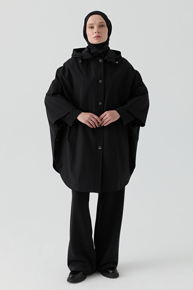 Kapüşonlu Panço - Siyah - 4