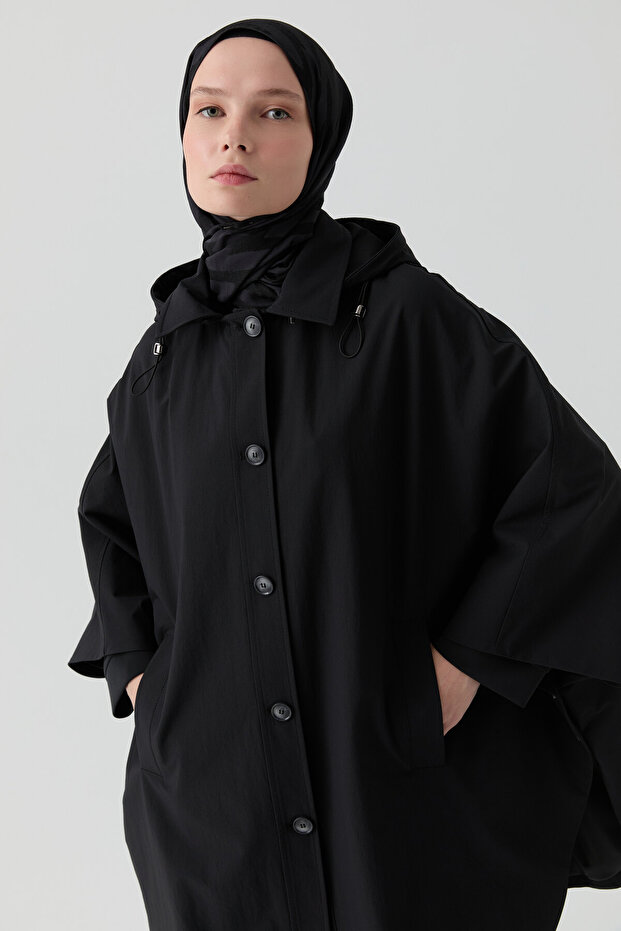 Kapüşonlu Panço - Siyah - 1