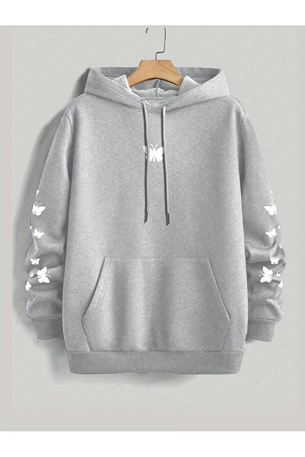 Women's Red Hooded Sweatshirt with Butterfly Print and Pockets, Casual and Comfortable