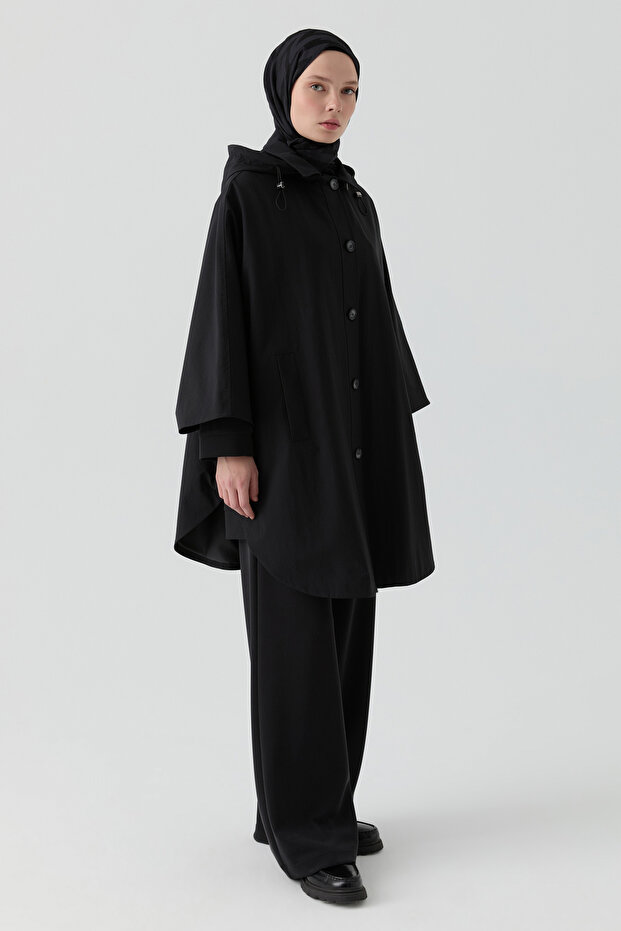 Kapüşonlu Panço - Siyah - 3