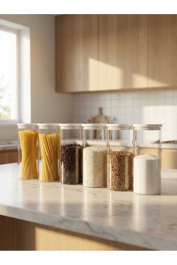 6-Piece White Vacuum Lid Glass Jars Transparent Body for Food Storage and Refrigerator Organization 1095 ml