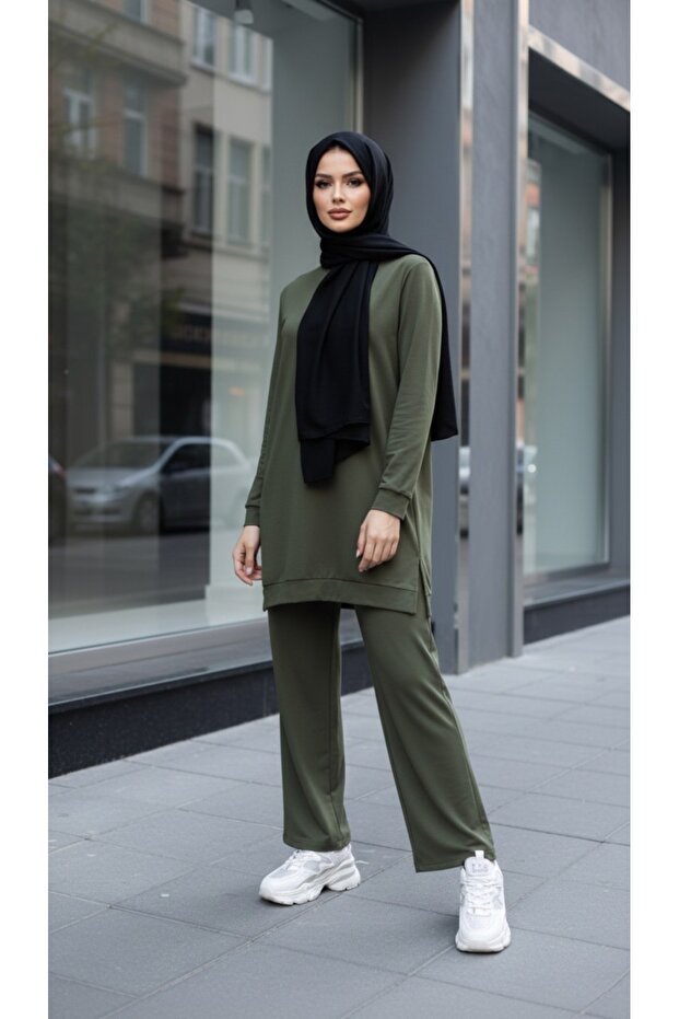 Two-Thread Slit Transitional Modest Tunic Pants Two-Piece Set - 4