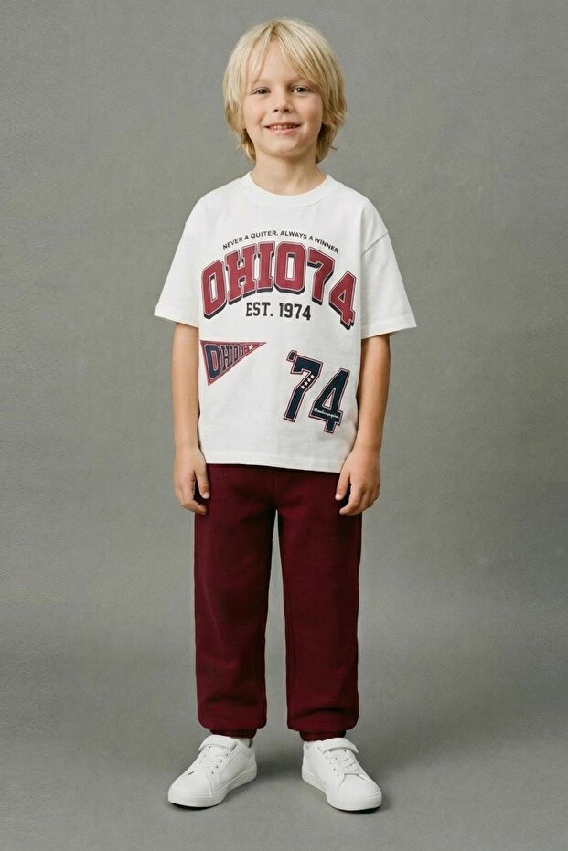 Boy's Burgundy Printed Cotton Jogger Pants Underwear Set