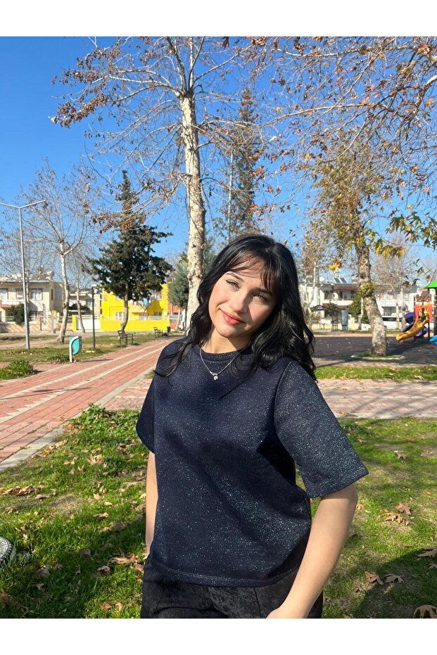 Simli Kumaş Kısa Kollu Basic Kadın Tişört - 1