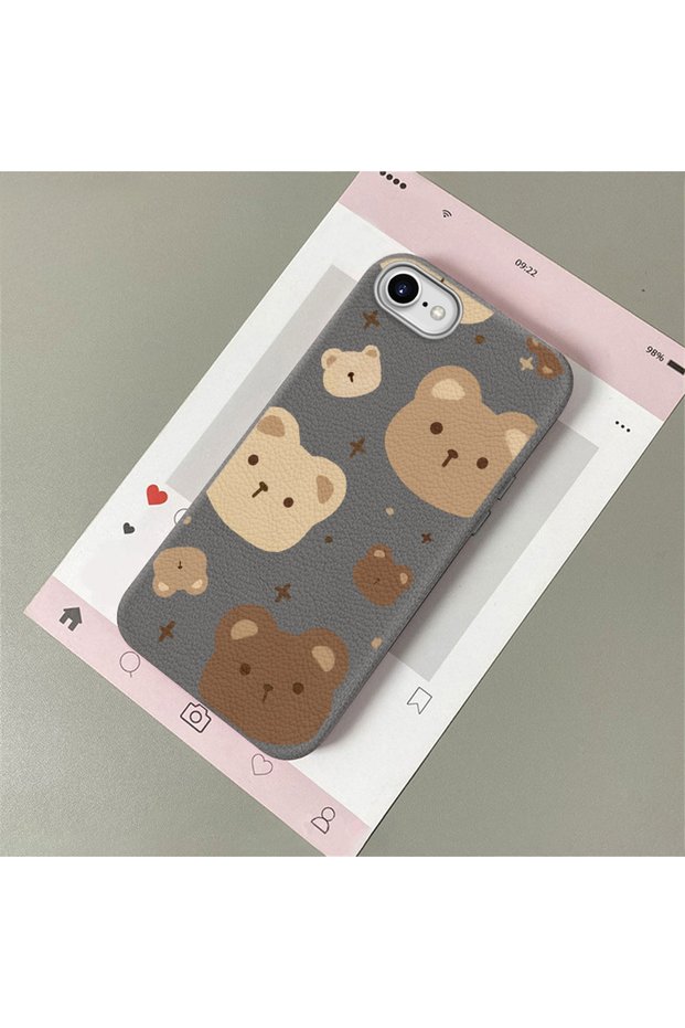 iPhone 7/8/Se 2020 2022 Compatible, Stylish Phone Case with Cute Teddy Bear Pattern and Leather Texture.