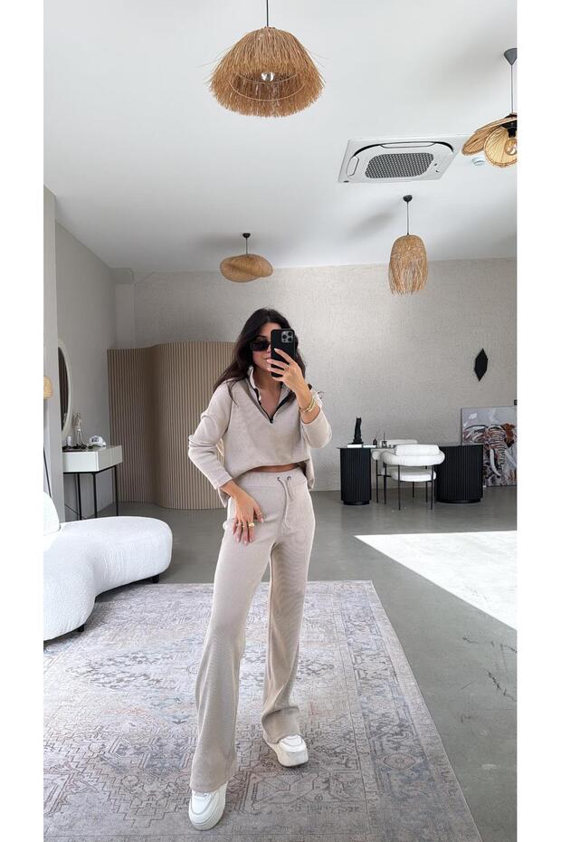 Beige Half-Zip Ribbed Basic Set - 5