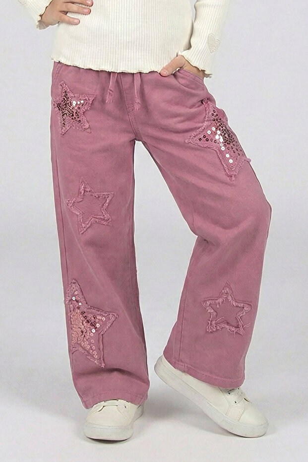 Girl's Star Embroidered Denim Trousers