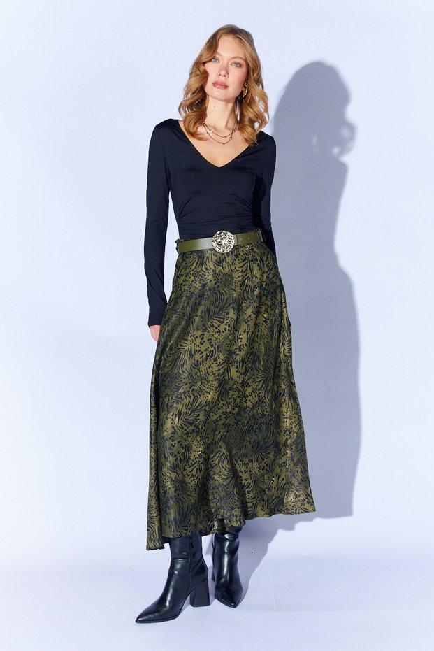 Patterned Green Belt Detailed Satin Skirt | Ek1002910743