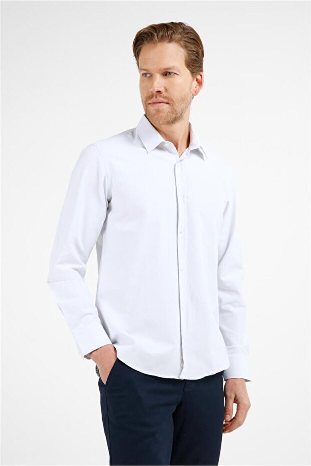 Men's White - Blue Textured Hard Collar Long Sleeve Slim Fit Cotton Shirt 1004255216