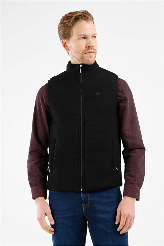 Black Stand Collar Zippered Casual Slim Fit Quilted Vest 1009255103