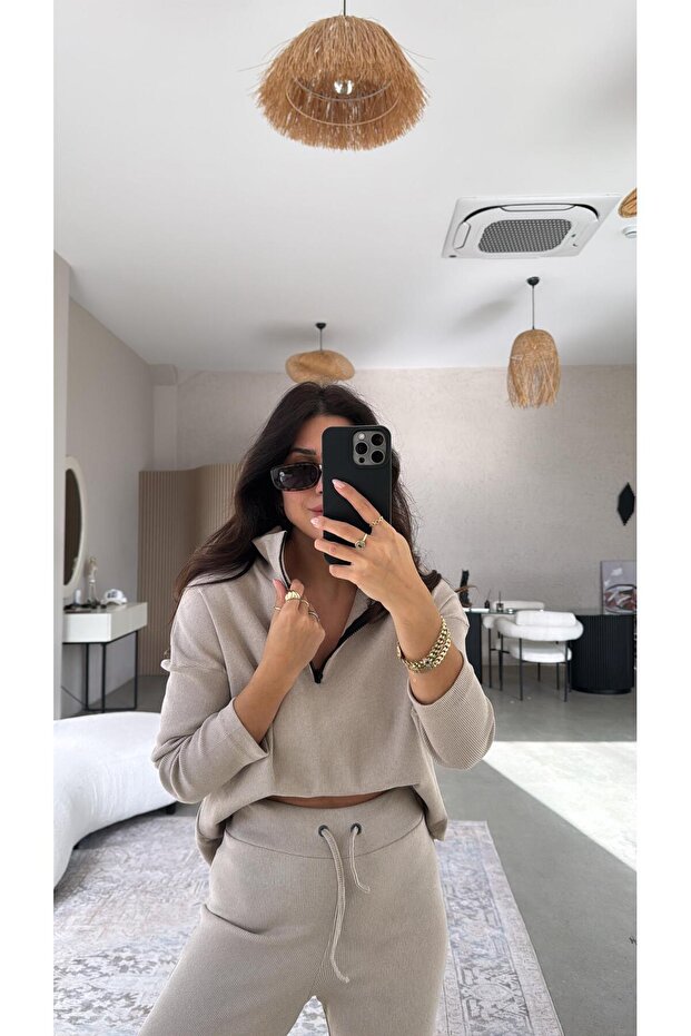 Beige Half-Zip Ribbed Basic Set - 6