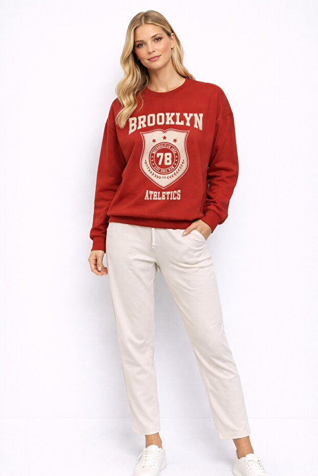 Women's College Printed Sweatshirt 100% Cotton - Tile