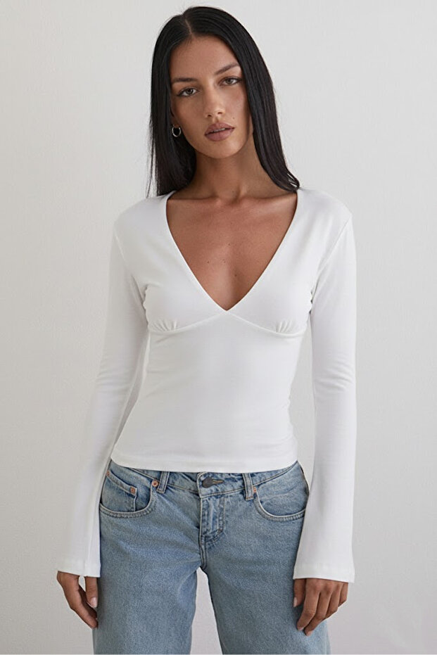 V-Neck Stretchy Long Sleeve Top Blouse