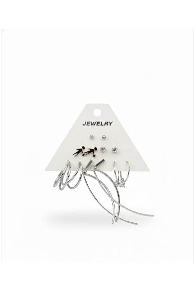 Silver Color 12 Pcs (6 Pairs) Stainless Steel Earring Set 17