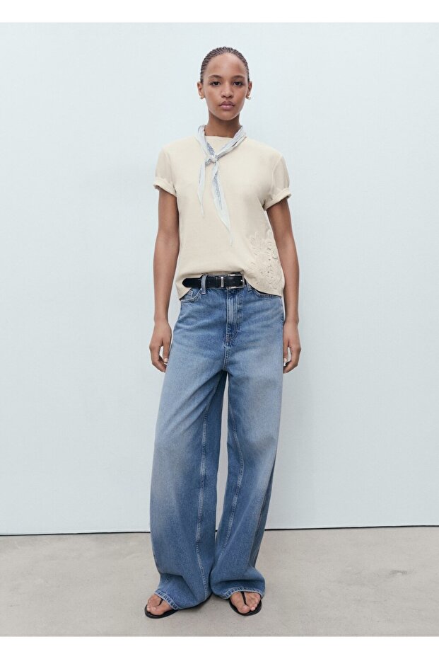 Çiçek işlemeli pamuklu tişört - 2