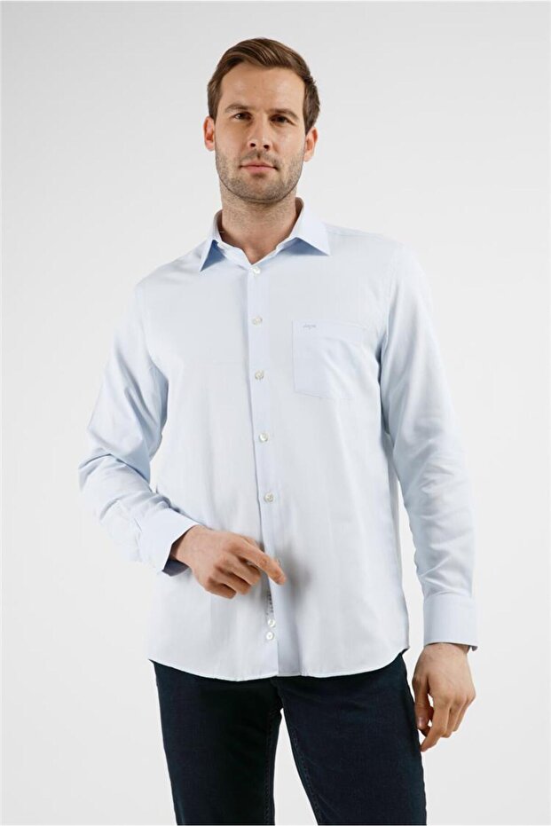 Blue Striped Pattern Hard Collar Long Sleeve Pocket Comfort Fit Cotton Shirt 1004255268