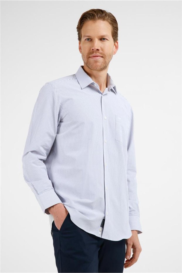 White-Navy Blue Striped Pattern Hard Collar Long Sleeve Pocket Comfort Fit Cotton Shirt 1004255281