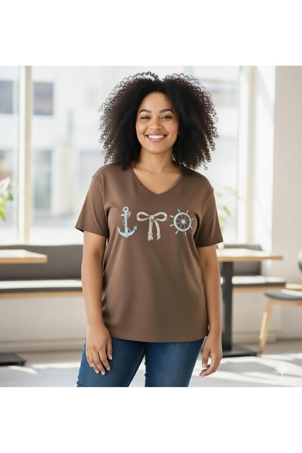 Women's Plus Size V-Neck Sea Themed Printed Premium Cotton T-Shirt