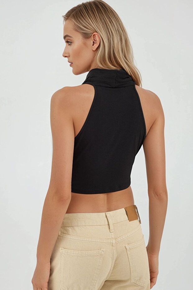 Halter Yaka Kruvaze Esnek Sandy Örme Üst - 3