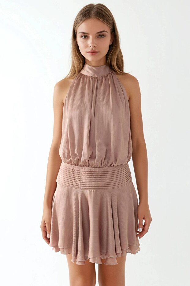 Rochie mini texturată cu guler înalt - 7