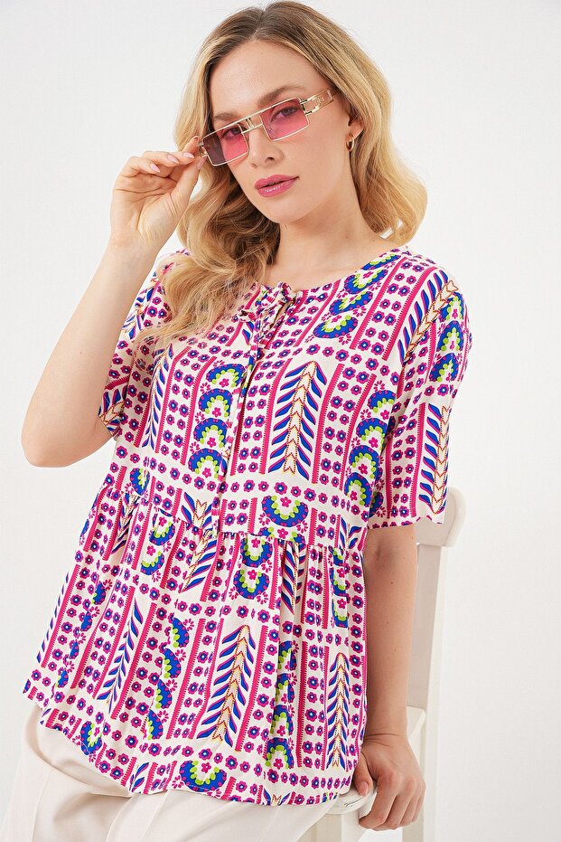 Bdart Printed Round Neck Elasticated Blouse - 3