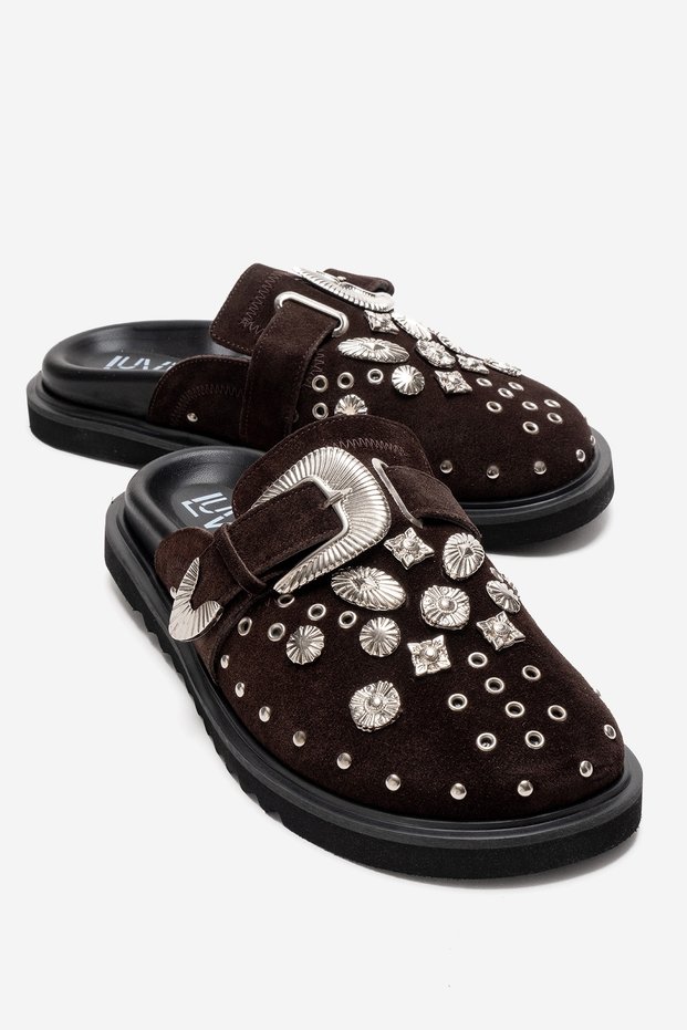 MARIL Brown Suede Genuine Leather Belted Buckle Closed Toe Women's Slippers