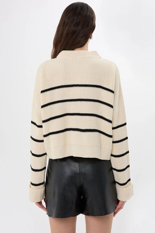 Çizgili Fermuarlı Örme Kazak - 5