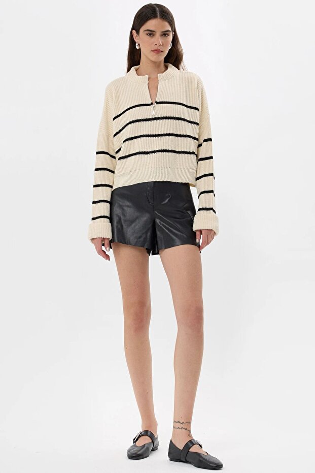 Çizgili Fermuarlı Örme Kazak - 1