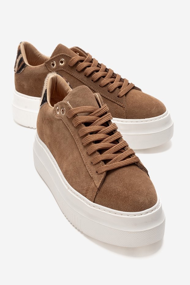 Nera Tan Suede Patterned Genuine Leather Women's Casual Sports Shoes
