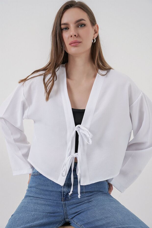 Bdart Linen Blend Tie Detail Long Sleeve Kimono