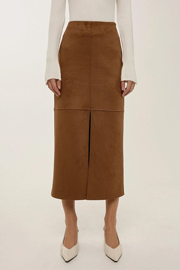 Yırtmaçlı Midi Süet Etek - 2