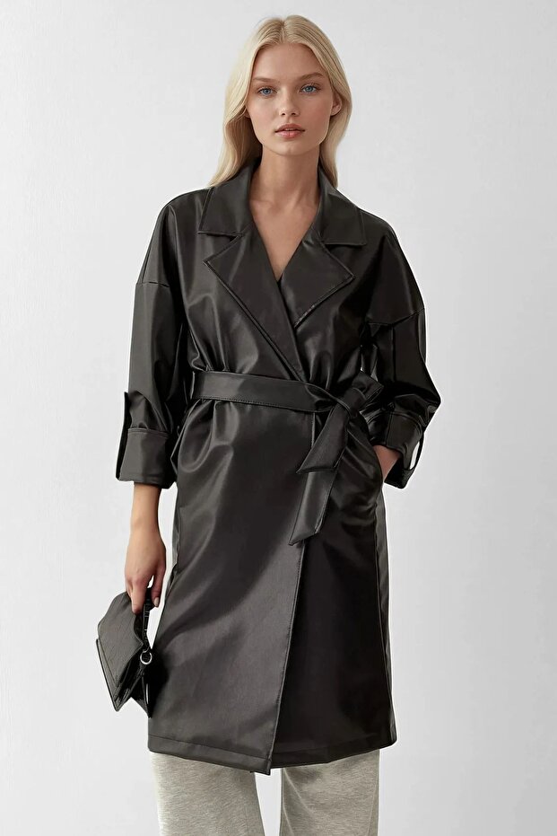 Bdart Lace-Up Faux Leather Trench Coat