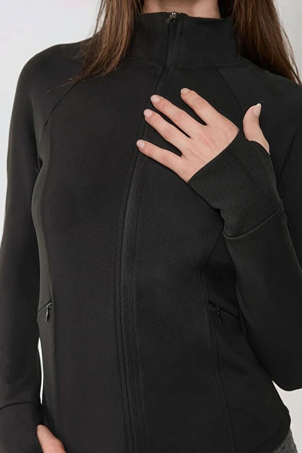 Dar Kesim Örme Dik Yaka Fermuarlı Aktif Üst - 7