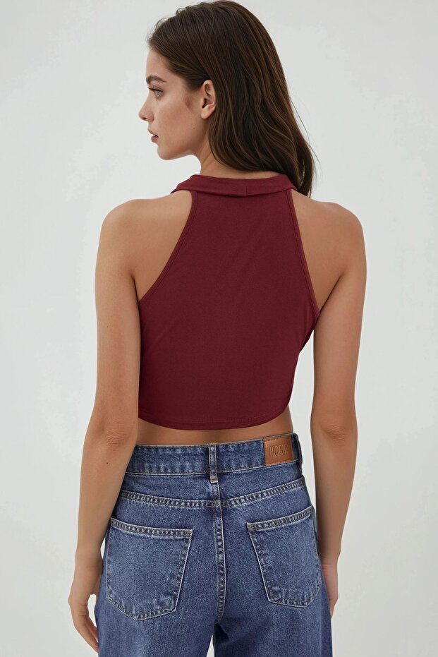 Halter Yaka Kruvaze Esnek Sandy Örme Üst - 3