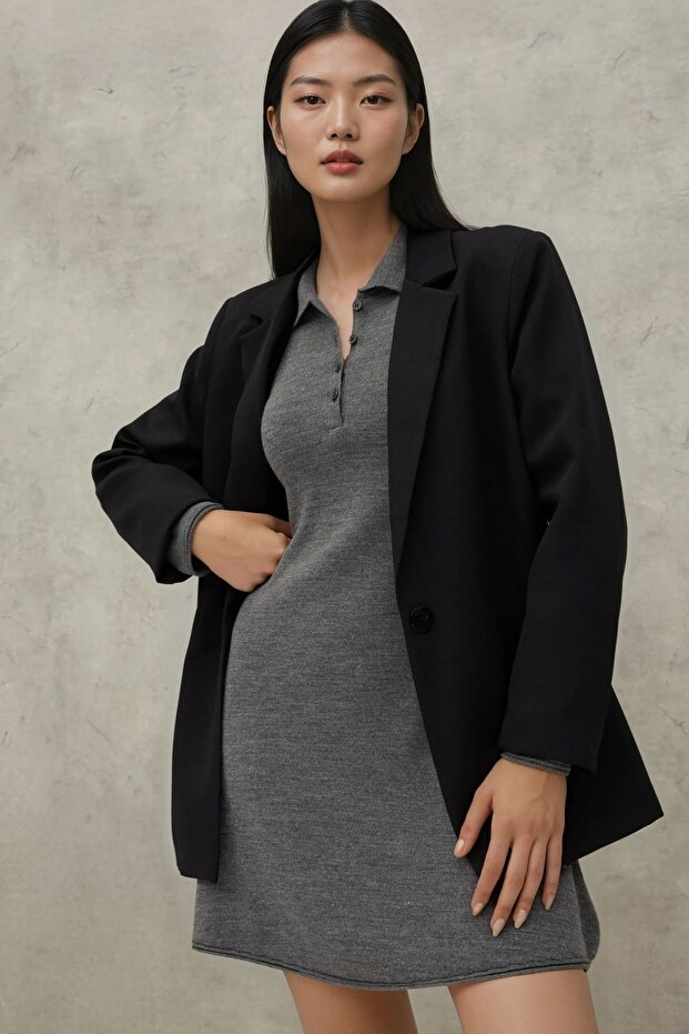 Düğmeli Polo Yaka Mini Triko Elbise - 4