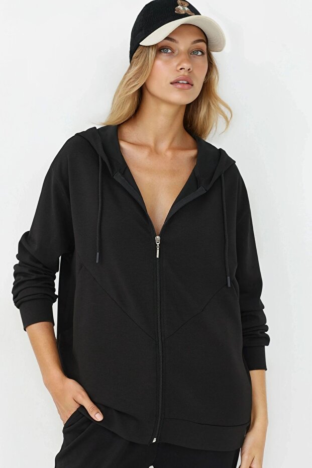 Modal Touch Fermuarlı Kapşonlu Sweatshirt - 1