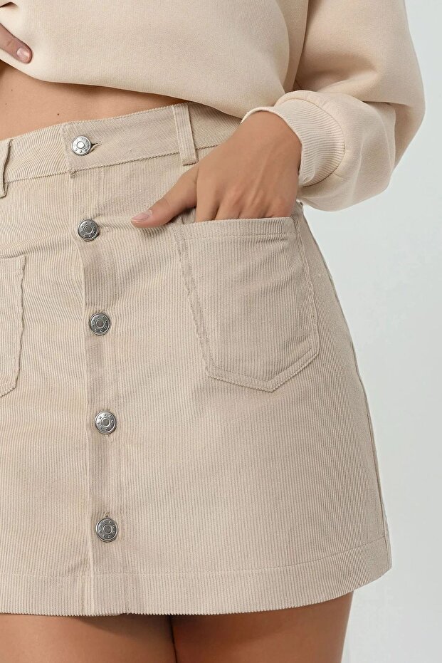 Düğmeli Yüksek Bel Mini Etek - 2