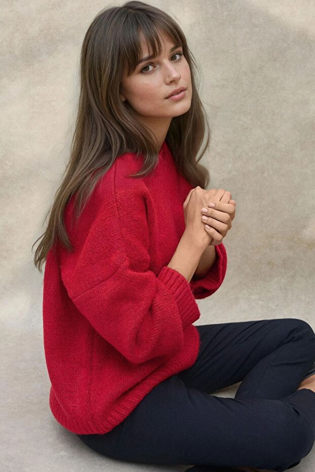 Kalın Örgü Düz Yaka Kazak - 3