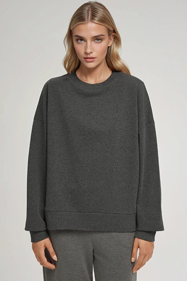 Oversize Bisiklet Yaka Basic Sweatshirt - 5