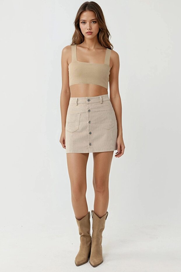 Düğmeli Yüksek Bel Mini Etek - 6