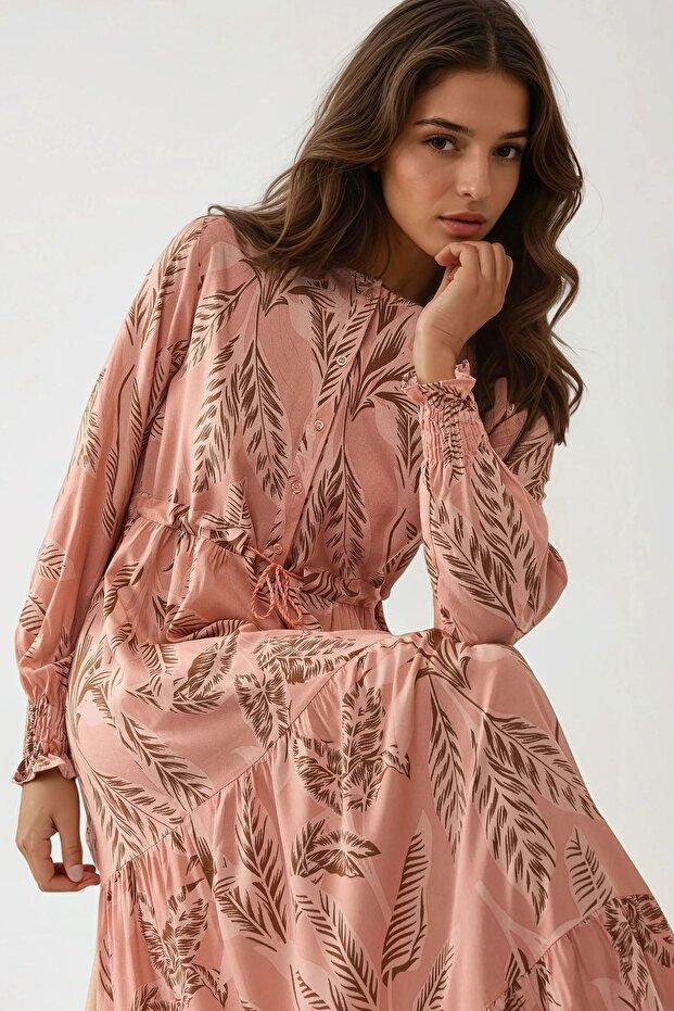 Baskılı Uzun Kol Viskon Modest Elbise - 2