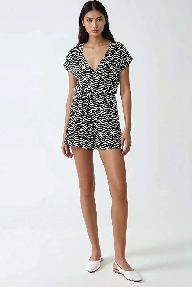 Baskılı V Yaka Kısa Paçalı Mini Tulum Busem Collection - 4