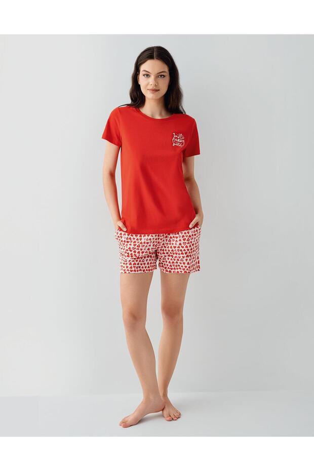 Women's Red Shorts Pajama Set – 100% Cotton, Heart Pattern, Short Sleeve Summer Loungewear