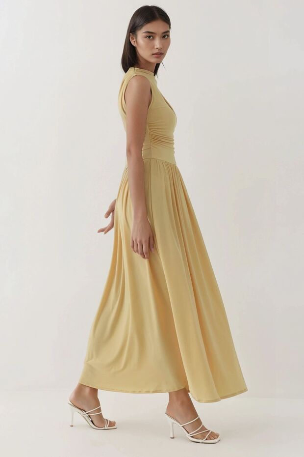 Asimetrik Yaka Drapeli Premium Sandy Örme Maxi Elbise - 3