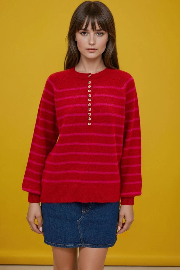 Striped Button Collar Sweater - 6