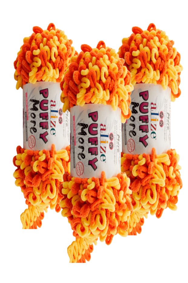 Puffy More Hand Knitting Yarn 3 Pieces – 6547 Orange/Yellow – 150 Gr. 11.5 Meters. – Blankets, Scarves, Vests
