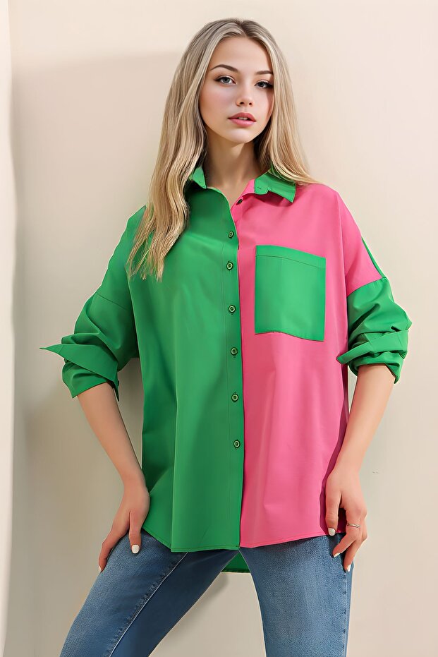 Bdart Color Block Satin Shirt with Pocket Detail
