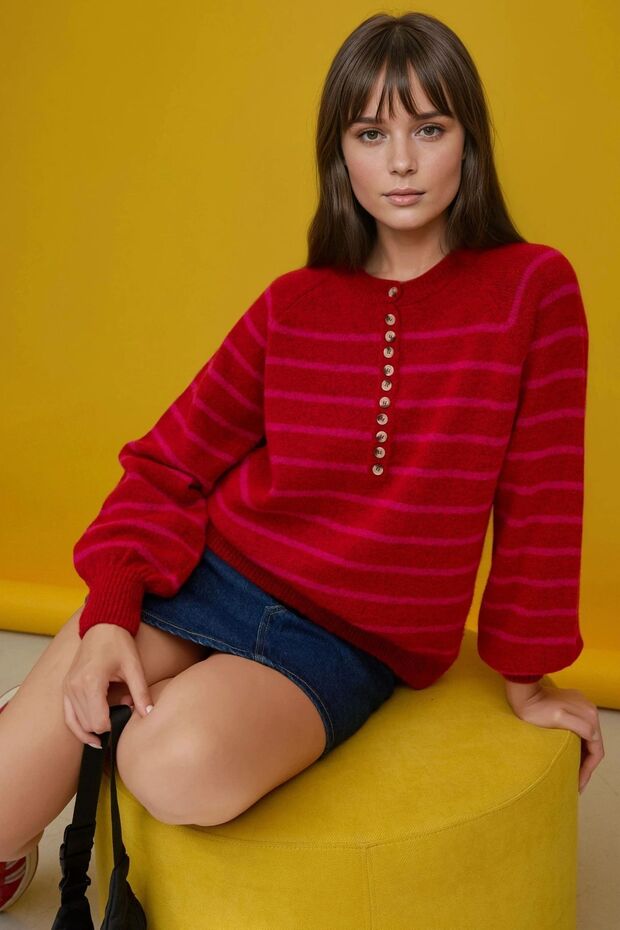 Striped Button Collar Sweater - 1