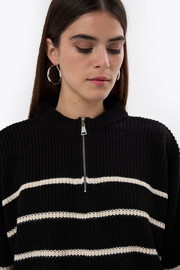 Çizgili Fermuarlı Örme Kazak - 4