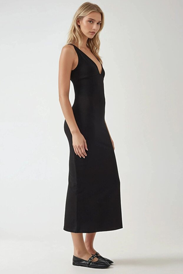 Slim Fit V Yaka Basic Midi Elbise - 4